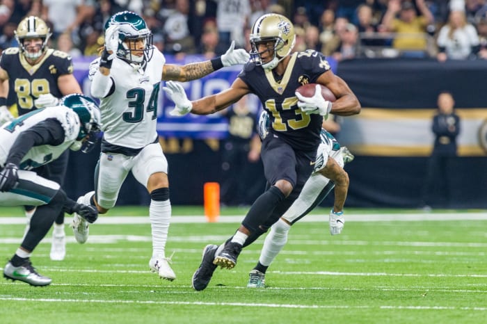 Saints receiver Michael Thomas runs after a catch during a NFC divisional playoff football against the Eagles. SCOTT CLAUSE/USA TODAY Network